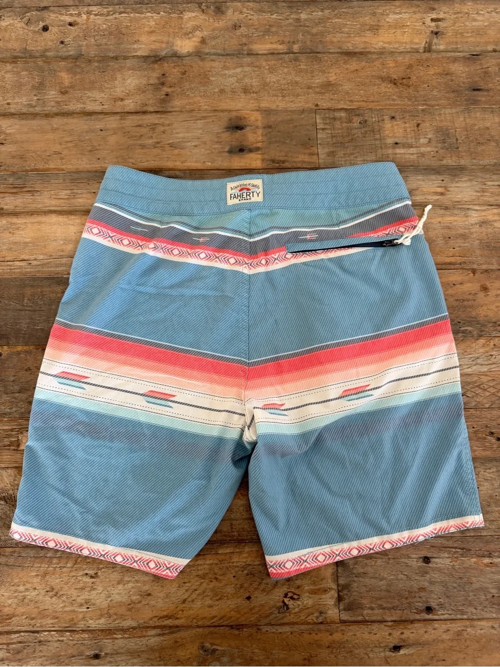 Faherty Blue Swim Board Shorts with Coral & Cream Stripes